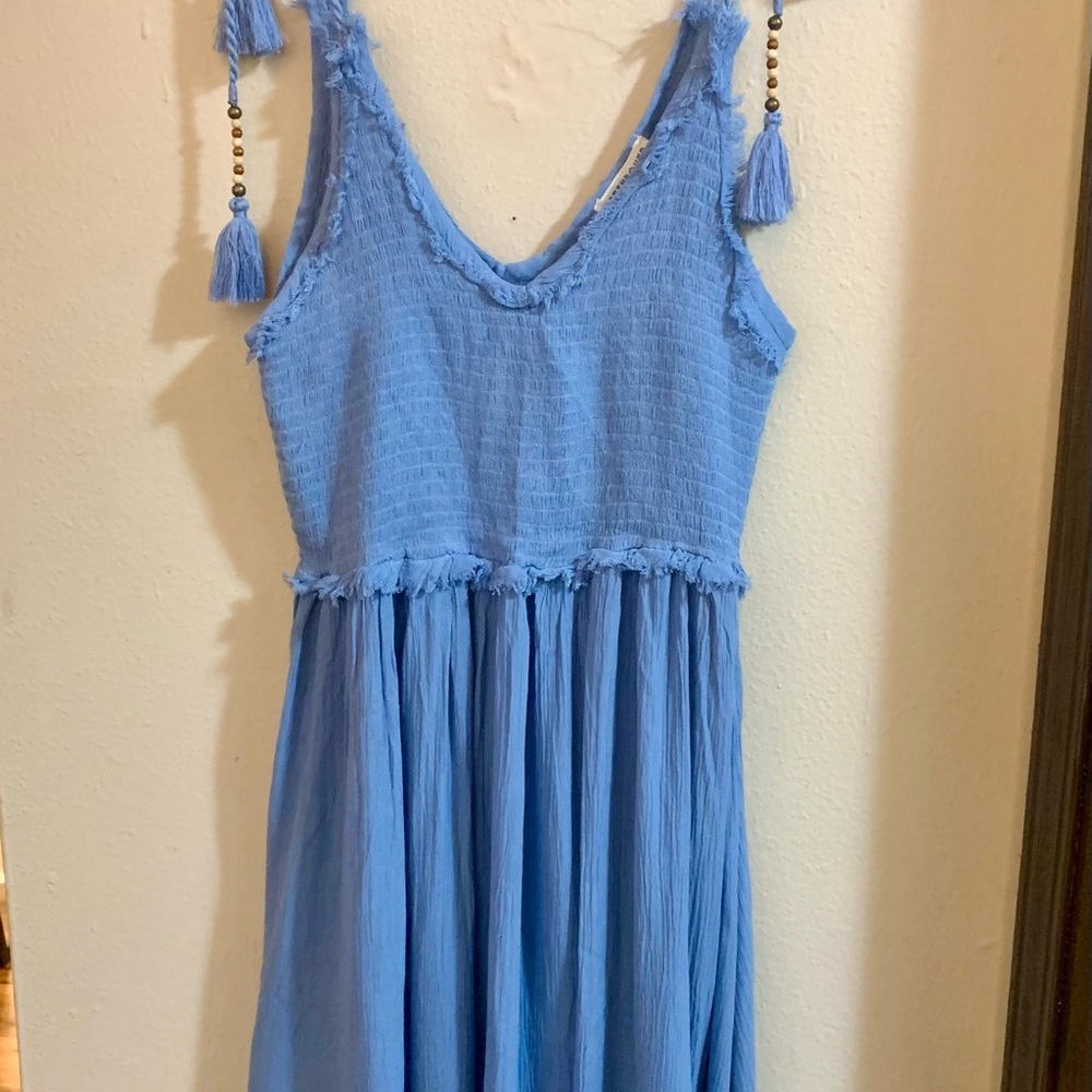 Blue Sleeveless Dress with Tassels